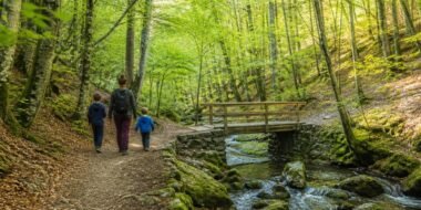 Ilustración de una persona adulta y dos niños junto a un arroyo y un puente de madera en el bosque