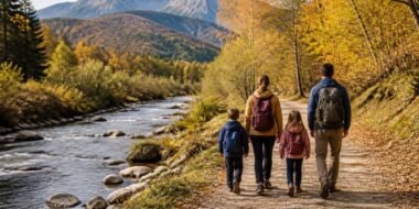 Ilustración de una familia caminando junto a un río entre árboles de otoño