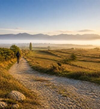 Ilustración de un peregrino junto a un mojón del Camino de Santiago al amanecer